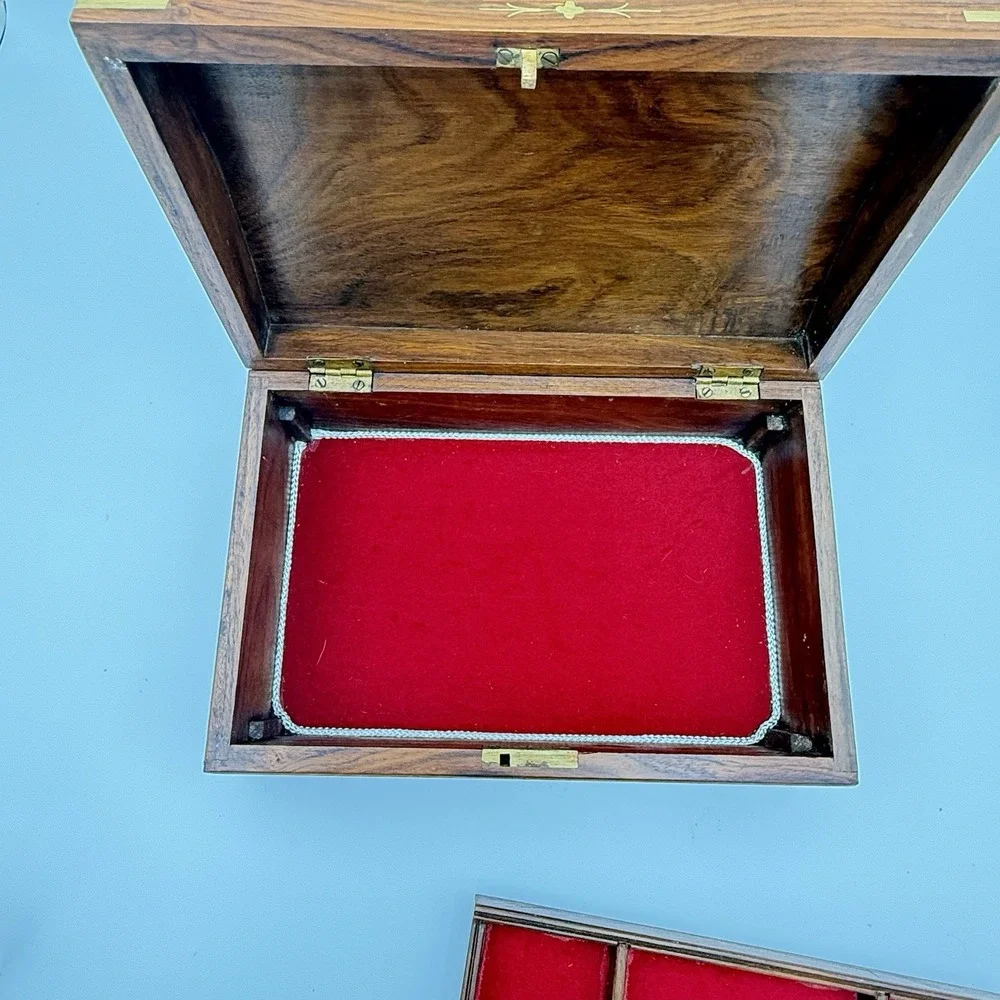 Vintage Wood Jewelry Keepsake Box Brass Inlay Locking - 2 Keys Felt Lined, 12x8